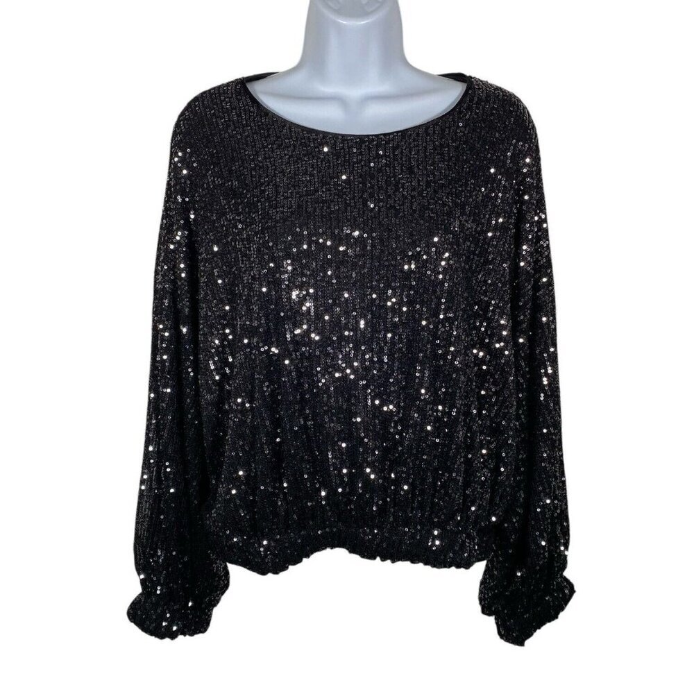 KLd Black Sequin Top Size S Long Sleeve Cocktail Party Sparkly Stretchy Pullover